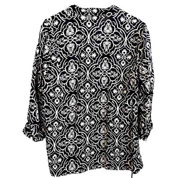 Carole Little Woman 1X Linen Button Up V-Neck Mandarin Collar 3/4 Sleeve Top - Picture 3 of 9